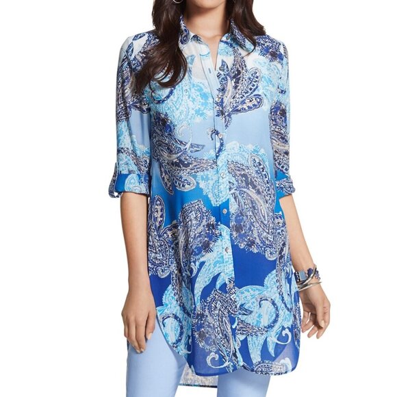 CHICO'S Enchanted Paisley Betty Long Sheer Shirt Size 0 - Picture 3 of 15